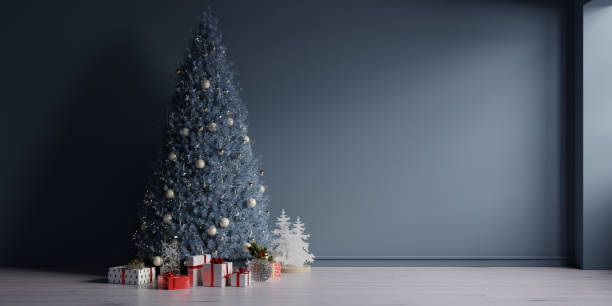 istock Christmas home interior with blue christmas tree on empty dark background 1767953847