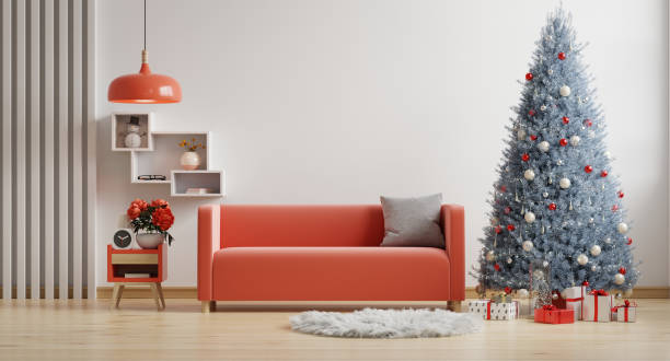 istock Living room christmas interior with velvet red sofa on empty white background 1767953852