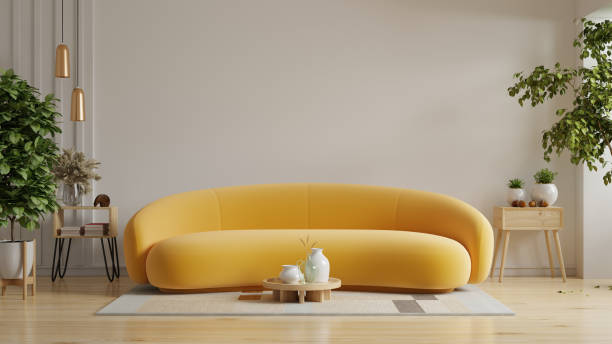 istock Modern minimalist interior with yellow sofa on empty white color wall background 1767954890