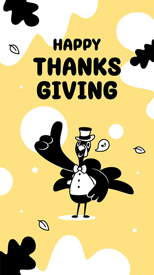 Thanksgiving characters vector art illustration.
A turkey wearing a top hat and giving a thumbs up on Thanksgiving Day.
Characters are painted in black and white with outlines, and the background is a comfortable and soft light yellow color.