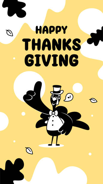 A turkey wearing a top hat and giving a thumbs up on Thanksgiving Day Thanksgiving characters vector art illustration.
A turkey wearing a top hat and giving a thumbs up on Thanksgiving Day.
Characters are painted in black and white with outlines, and the background is a comfortable and soft light yellow color. chicken thumbs up design stock illustrations
