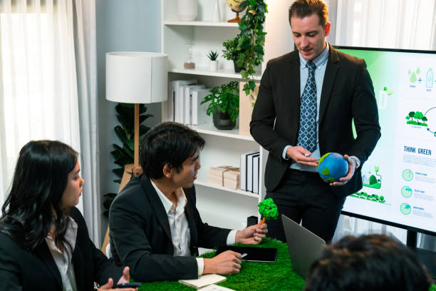 istock Businessman leader give presentation on eco-friendly implementation. Quaint 1767966159
