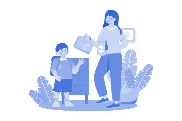 Vector illustration of Mother Giving Lunchbox To Her Son