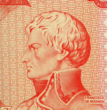Francisco de Miranda on 5 Bolivares 1989 Banknote from Venezuela. Revolutionary forerunner of Simon Bolivar. Less than 30% of the banknote is visible.