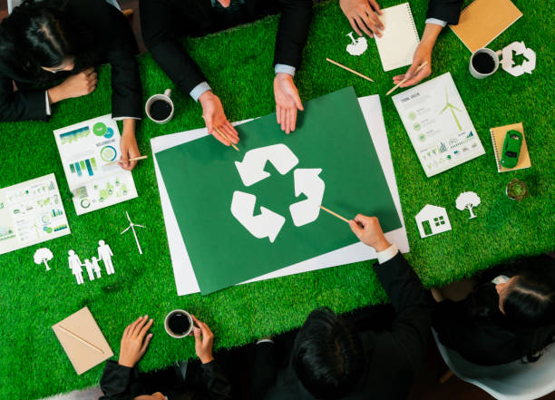 istock Top view panorama banner recycle icon on meeting table. Quaint 1767971156