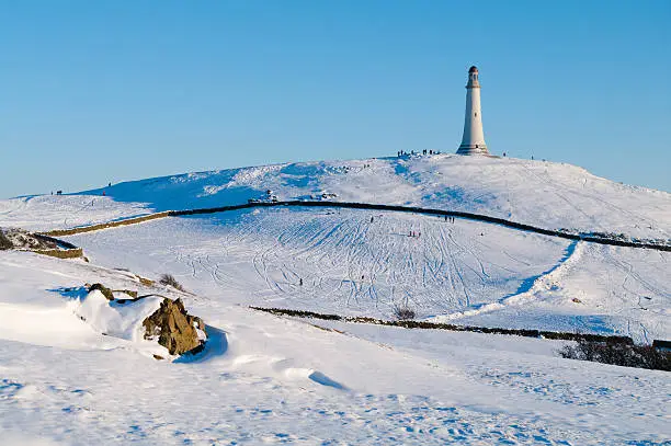 "Hoad Hill with the Sir John Barrow monument, in winter covered in snow. Located at Ulverston in Cumbria, England."