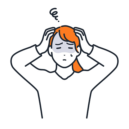 Simple vector illustration material of a young woman holding her head and worrying