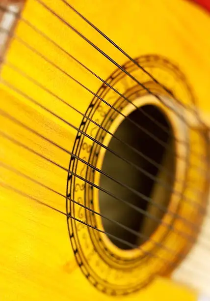 "Charango, sound hole of stringed acoustic instrument with 10 strings"
