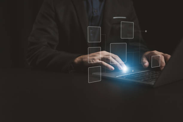 istock Person with hologram flowchart, businessman designing flowchart business workflow to systematically qualitatively, flowcharting to visualize the workflow of the program. Flowchart design concept. 1767994891
