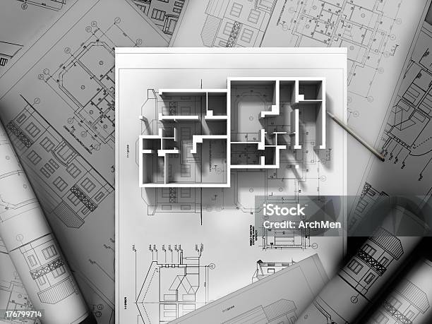 Construção De Um Plano De Desenho Tridimensional - Fotografias de stock e mais imagens de Abstrato - Abstrato, Apartamento Municipal, Armação de Construção