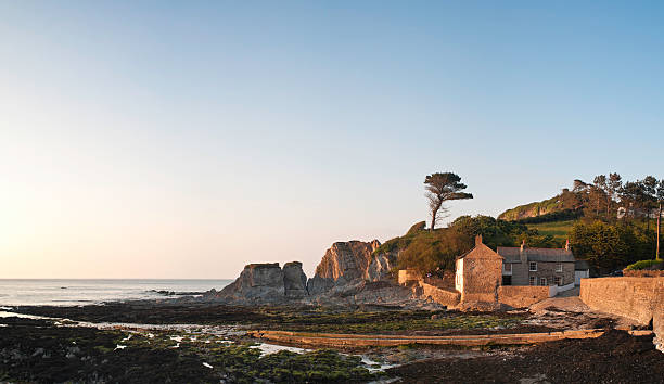 English coastal scene at sunset.