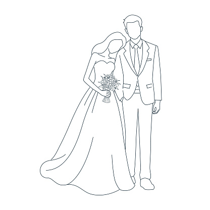 Happy wedding bride and groom at wedding ceremony. Beautiful wedding couple in wedding clothes, couple with beauty wedding bouquet line art