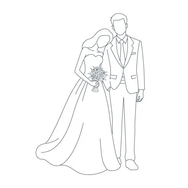 Vector illustration of Happy wedding bride and groom at wedding ceremony. Beautiful wedding couple in wedding clothes, couple with beauty wedding bouquet line art