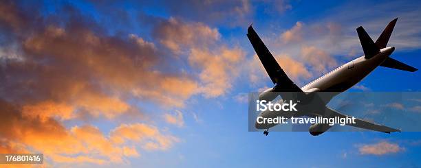 Jet Aeroplane Landing At Sunset Rear View Panoramic Stock Photo - Download Image Now