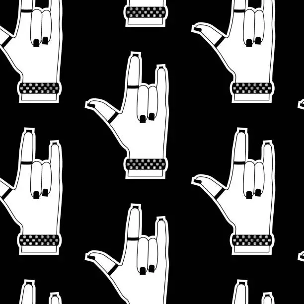 Vector illustration of Seamless pattern with Girl's hand with curved fingers, bracelet, black manicure. Emo Goth background. Gothic aesthetic in y2k, 90s, 00s and 2000s style. Vector art illustration