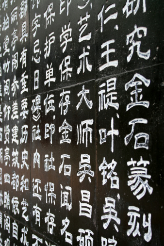White Chinese Characters Carved on Black Stone Wall