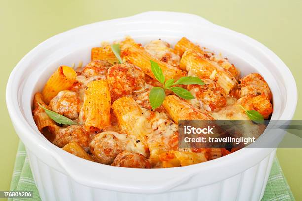 Pasta Bake With Italian Sausage Meatballs Casserole Rigatoni Stock Photo - Download Image Now