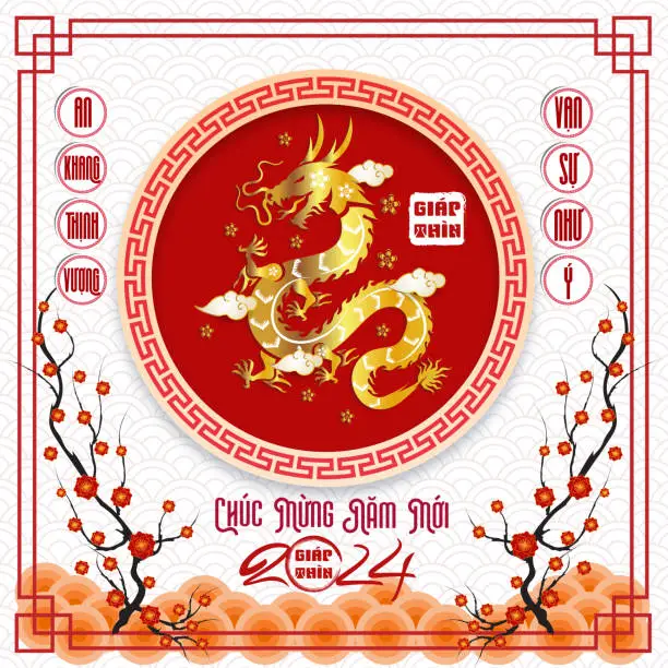 Vector illustration of Happy lunar new year 2024, Vietnamese new year, chinese new year, Year of the Dragon.