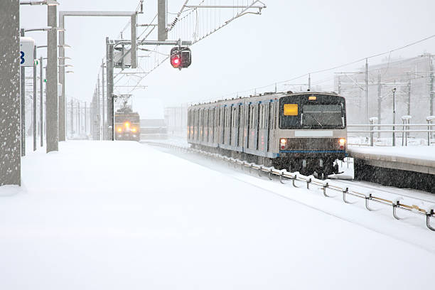 Trains driving in snowstorm Amsterdam the Netherlands