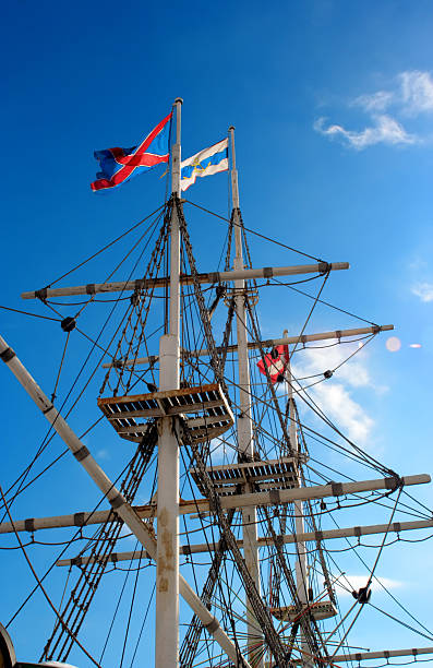 Jury-masts and rope of sailing ship stock photo