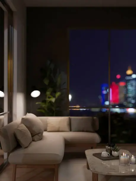 Interior design of a modern apartment living room at night with a night-light city view on the glass window, a cosy couch, a coffee table, and a floor lamp. 3d render, 3d illustration