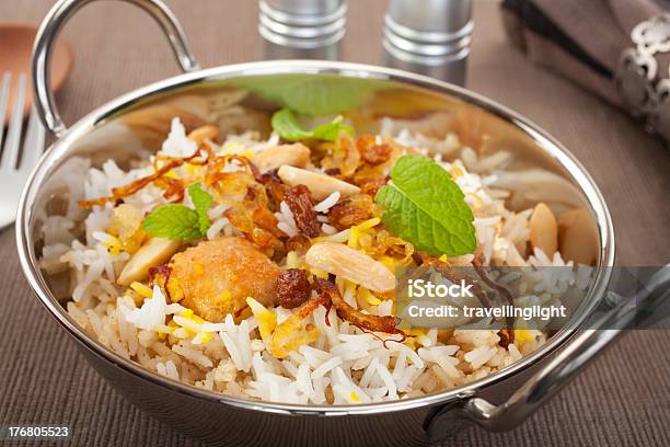 A Closeup Of A Bowl Of Chicken Biryani On A Rice Pillau Stock Photo - Download Image Now