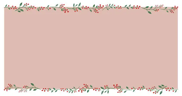 Vector illustration of Holiday season Red berries vector illustration. Botanical frame and pink background design.Hand-drawn style.