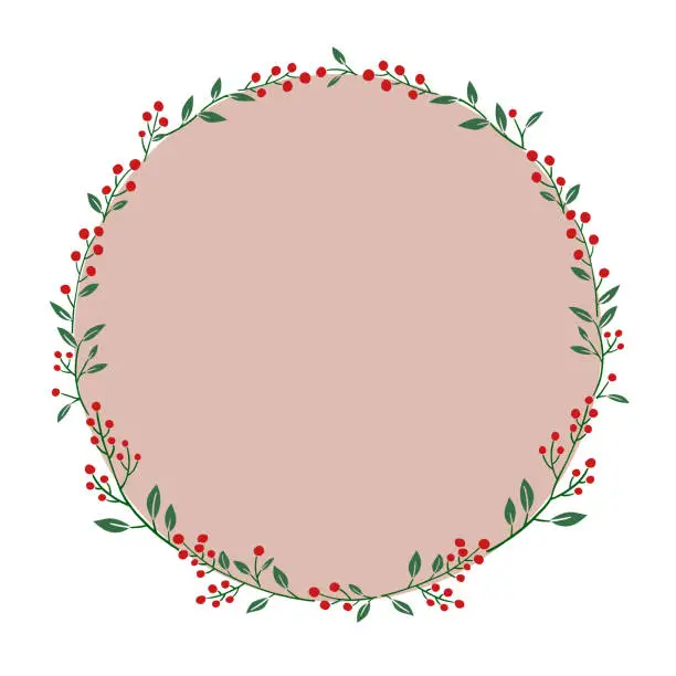 Vector illustration of Holiday season Red berries vector illustration. Botanical circle frame and pink background design.Hand-drawn style.