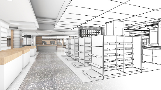 electronic equipment store ,computer and gadget shop.a combination of line drawings and color.,3d rendering