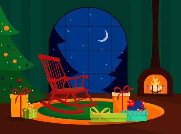 Vector illustration of Room at Christmas night, empty home interior with fireplace,window and night scene, decorated Christmas tree with gifts and presents and cozy armchair. Xmas eve Cartoon vector illustration