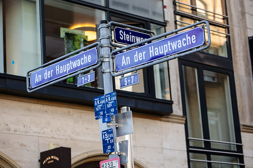 Frankfurt, Germany - September 27, 2023. Road signs in Hauptwache, a famous centerpiece in Frankfurt am Main.