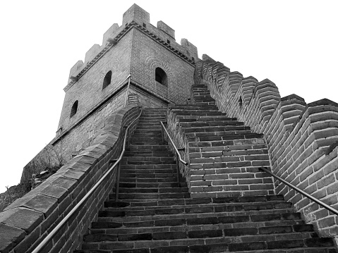 black and white picture at the Great Wall of China near Badaling