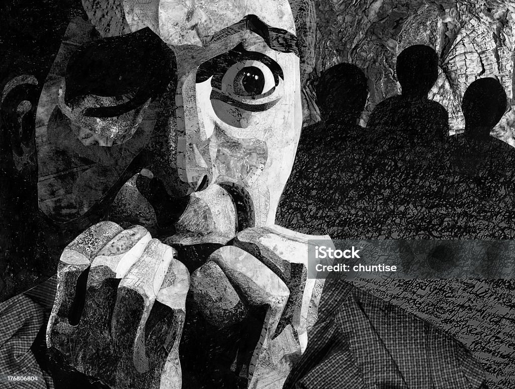 Black and white painting of terrified man with hand in mouth "A high-contrast black and white illustration of a wide-eyed, terrified man holding his hands up to his face and biting his fingernails. Three shadowy figures with obscured faces lurk in the background.This image is a collage created from cut up pieces of printed textures; some halftone patterning is visible at high resolution." Paranoia Stock Photo