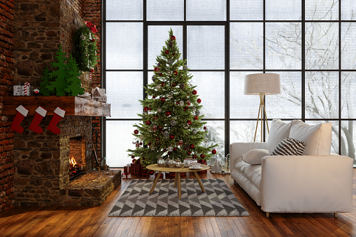 Side View Of Living Room Interior With Christmas Tree, Ornaments, Gift Boxes, Sofa And Fireplace