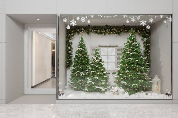 istock Christmas Store Window Display With Christmas Tree, Ornaments And Gift Boxes 1768070611