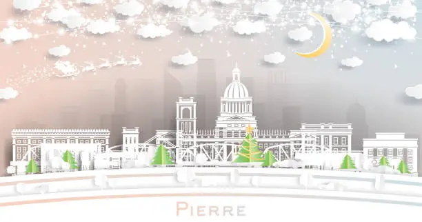 Vector illustration of Pierre South Dakota. Winter city skyline in paper cut style with snowflakes, moon and neon garland. Christmas, new year concept. Santa Claus. Pierre USA cityscape with landmarks.
