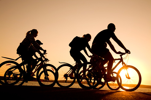 Silhouettes of friends riding bicycles at sunset