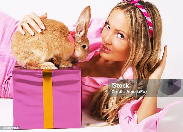 Adorável Mulher Com Um Coelho Festivo - Fotografias de stock e mais imagens de Caixa de presentes - Caixa de presentes, Coelho - Animal, Cor de rosa