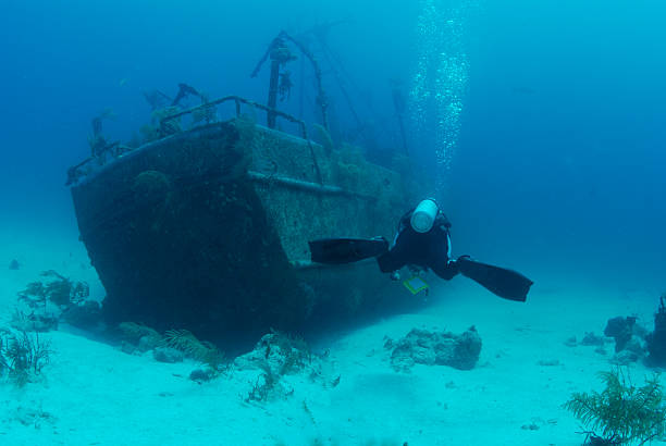 istock scuba diver swims on Ship wreck 176810187