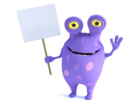 A cute charming cartoon monster holding a blank sign and waving its hand, looking very happy with a big smile. The monster is purple with big spots. White background.