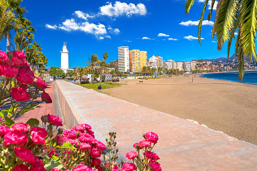 Malaga beach and lighthouse panoramic view, Andalusia region of Spain