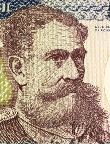 Deodoro da Fonseca on 500 Cruzerios 1981 Banknote from Brazil. First president of the republic of Brazil after heading a military coup that deposed emperor Pedro II. Less than 30% of the banknote is visible.