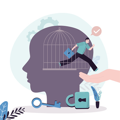 Doctor hand helps man unlock cage and released free. male mental health gets care treatment from psychologist. Psychotherapy, depression. businessman run away from cage prison in head. flat vector