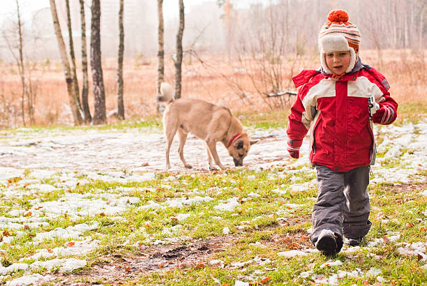 первый снег. маленький мальчик прогулки с его собака. - dog walking child little boys стоковые фото и изображения