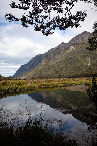 Mirror Lake, Fiordland, in New Zealand's South Island, on the Milford Highway