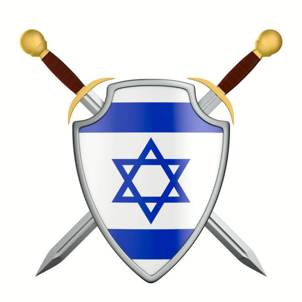 shield with israel flag and two swords on white background. Isolated 3D illustration