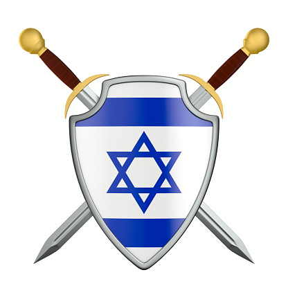 shield with israel flag and two swords on white background. Isolated 3D illustration