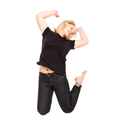 jumping girl with long blonde hair. On white background
