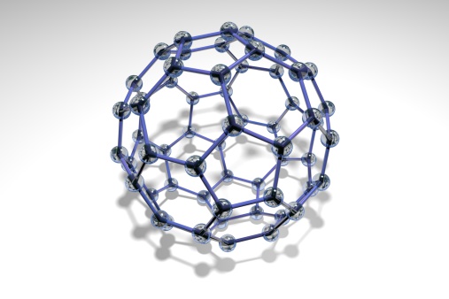 A molecular model of buckminsterfullerene (buckyball) C60. Carbon atoms are in transparent blue glass. Fullerene molecules are used in nanotechnology applications. 3D rendered image.