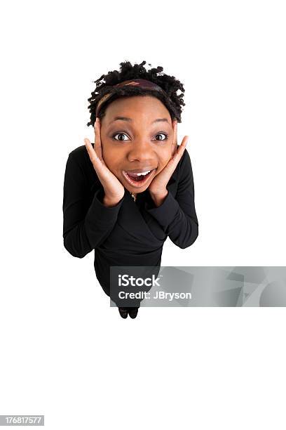 Foto de Afroamericana Mulher Feliz Surpresa e mais fotos de stock de Objetiva olho de peixe - Objetiva olho de peixe, Pessoas, Uma pessoa